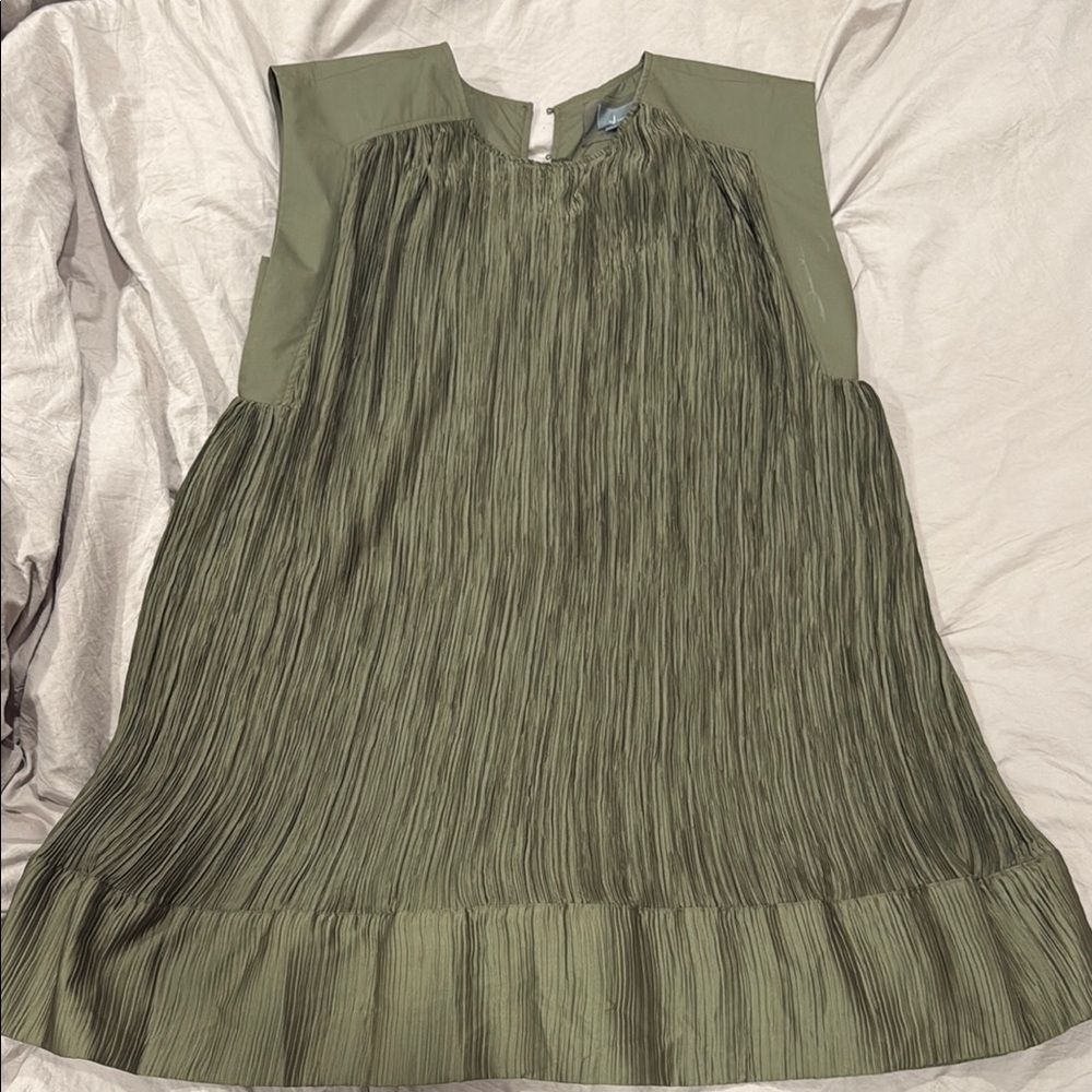 By Anthropologie Moss Green Cap-Sleeve Plissé Mini Dress